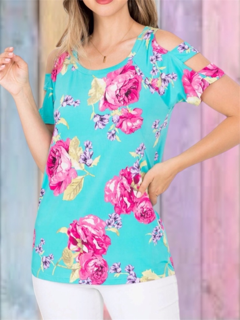 PS Kate Teal Blue Cold Shoulder Floral Ladder Cut-out Short Sleeve Top NEW